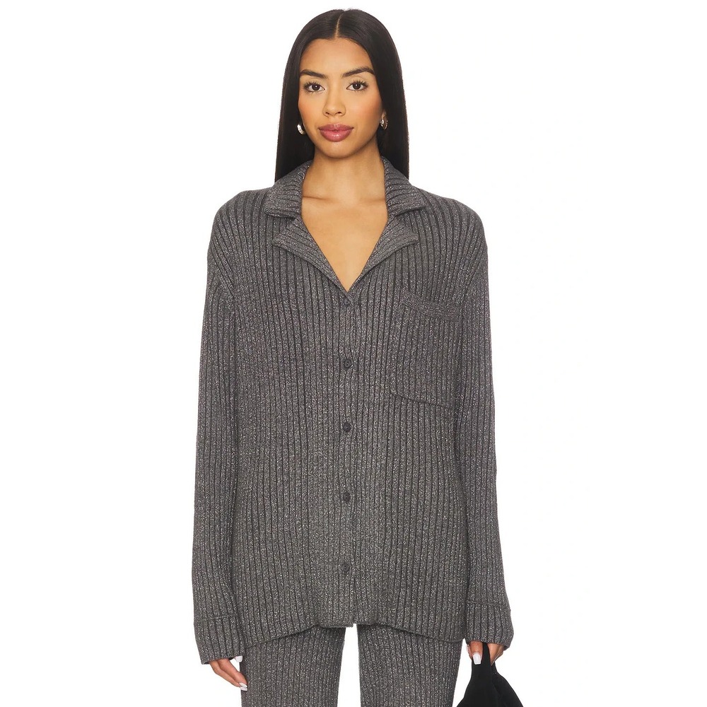 Barefoot Dreams CozyChic Ultra Lite Rib Blocked Shirt in Carbon Shimmer L New